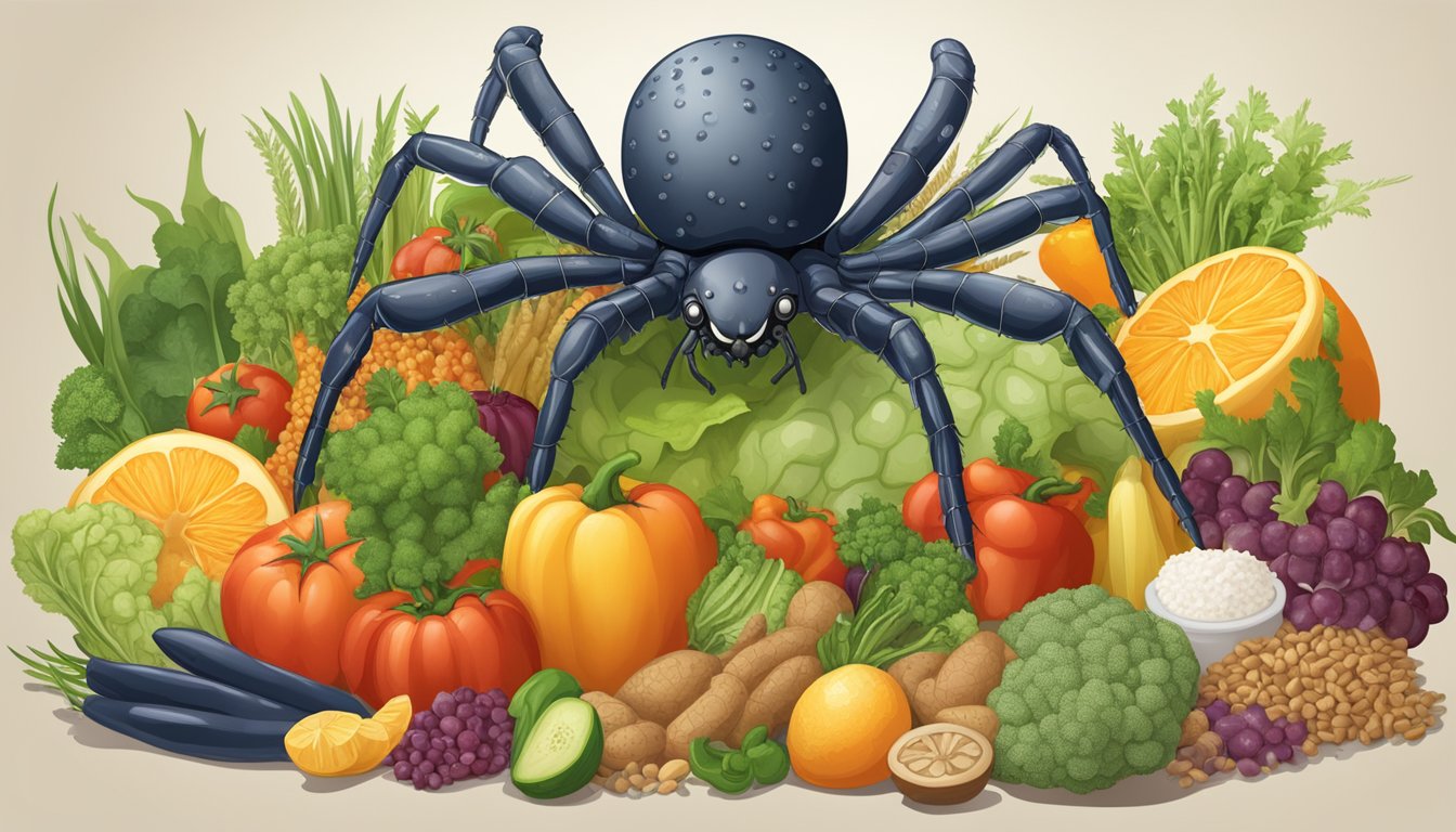 A sea spider surrounded by a variety of nutrient-rich foods, including vegetables, fruits, and whole grains, with a "diabetic-friendly" label