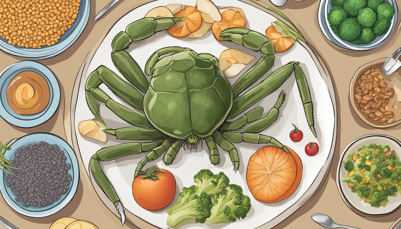 A diabetic person sitting at a table with a variety of healthy food options, including vegetables, lean proteins, and whole grains, with a sea spider on the plate as a question mark