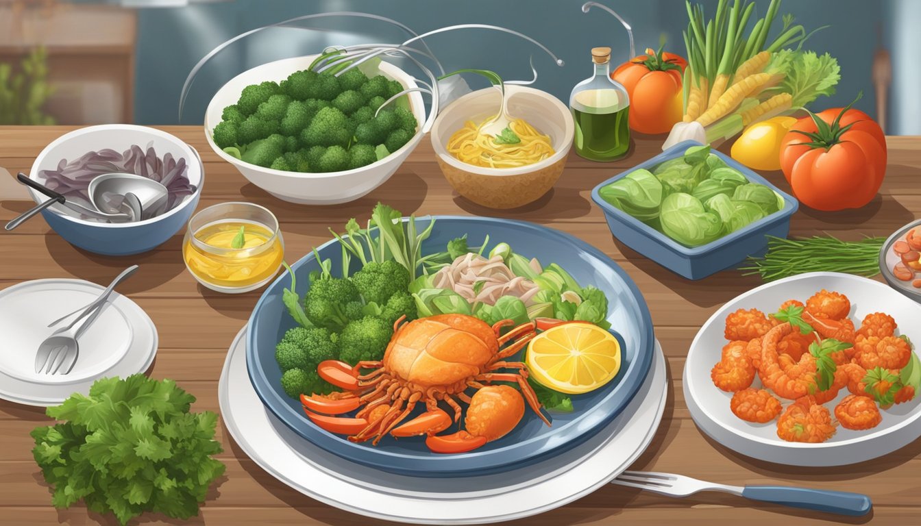 A diabetic-friendly meal being prepared with sea spiders, surrounded by fresh vegetables and a variety of cooking utensils