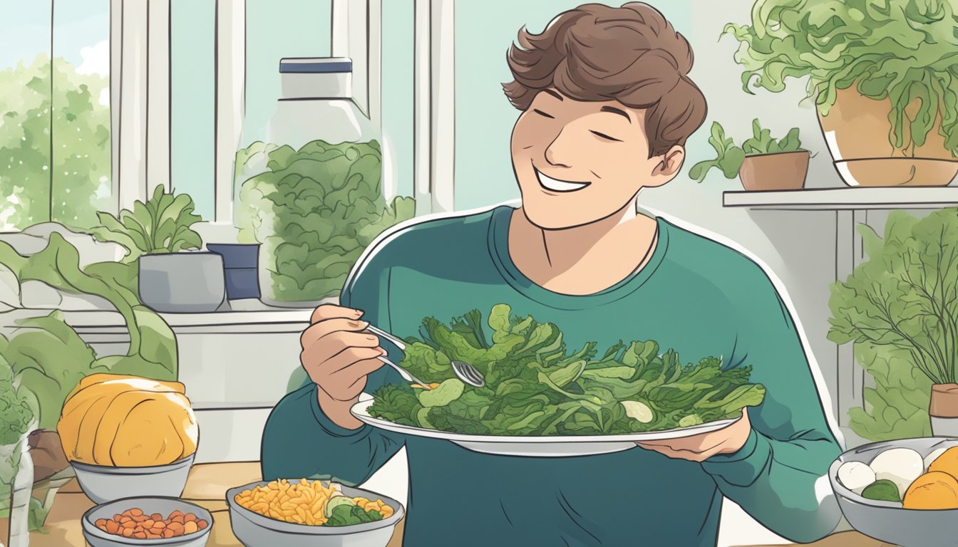 A person with diabetes happily eating a variety of sea vegetables on a plate