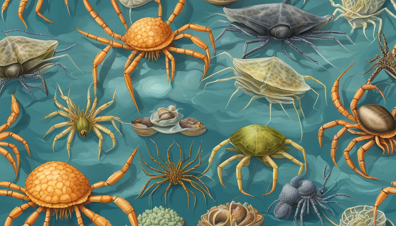 Sea spiders surrounded by common seafood varieties in a deep-sea setting