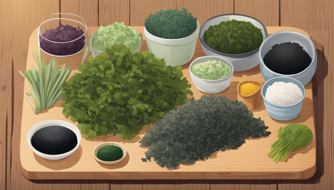 A variety of sea vegetables arranged on a wooden cutting board, including nori, dulse, and kombu, with a measuring tape and blood sugar monitor nearby