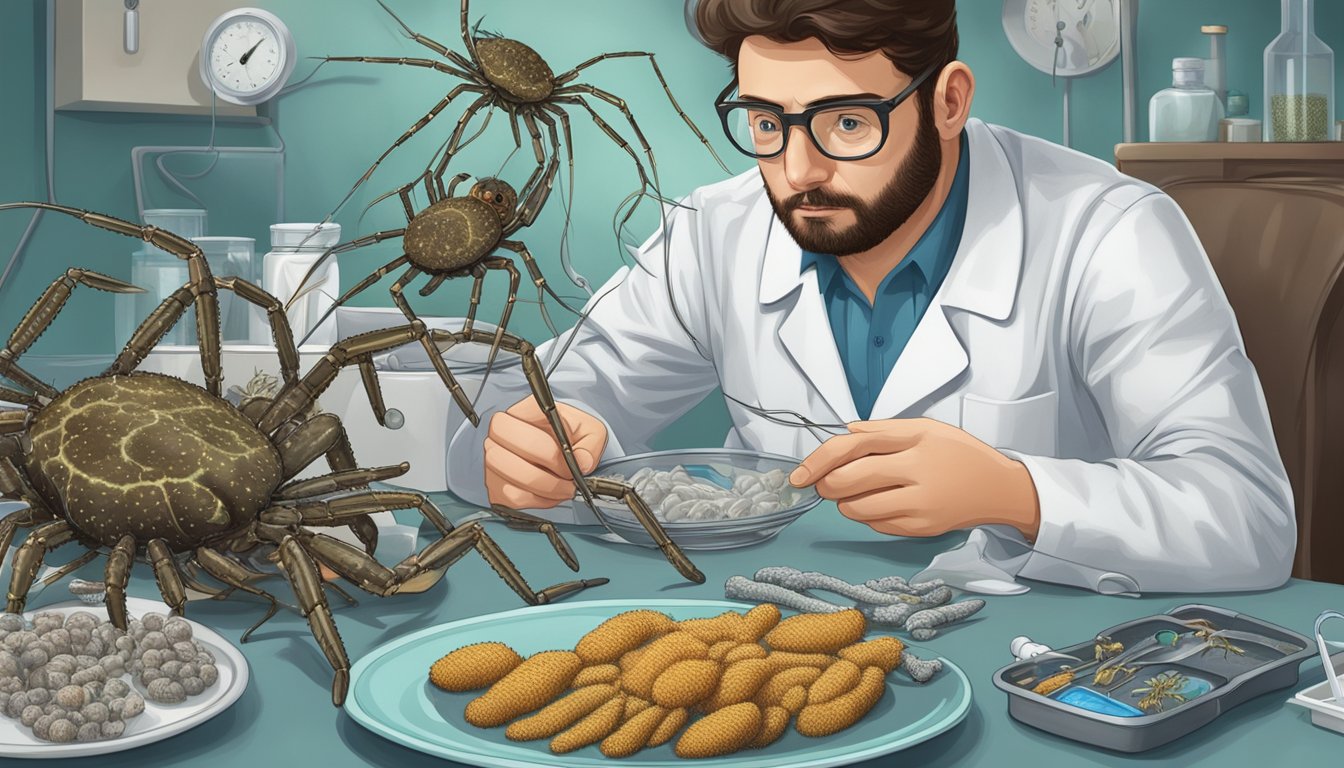 A diabetic cautiously examines a plate of sea spiders, surrounded by medical supplies and a concerned doctor