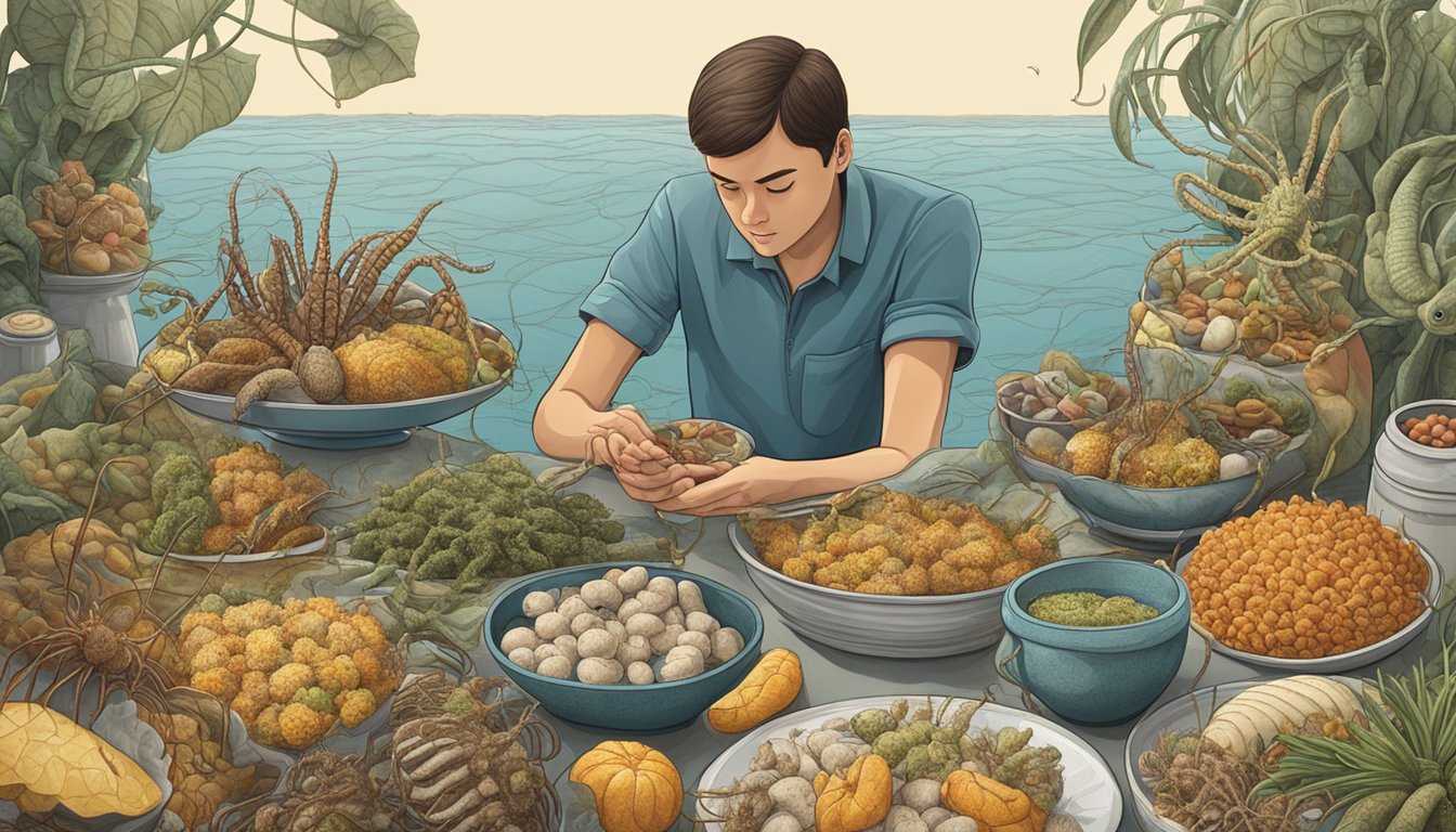 A diabetic person examining a sea spider surrounded by various food items