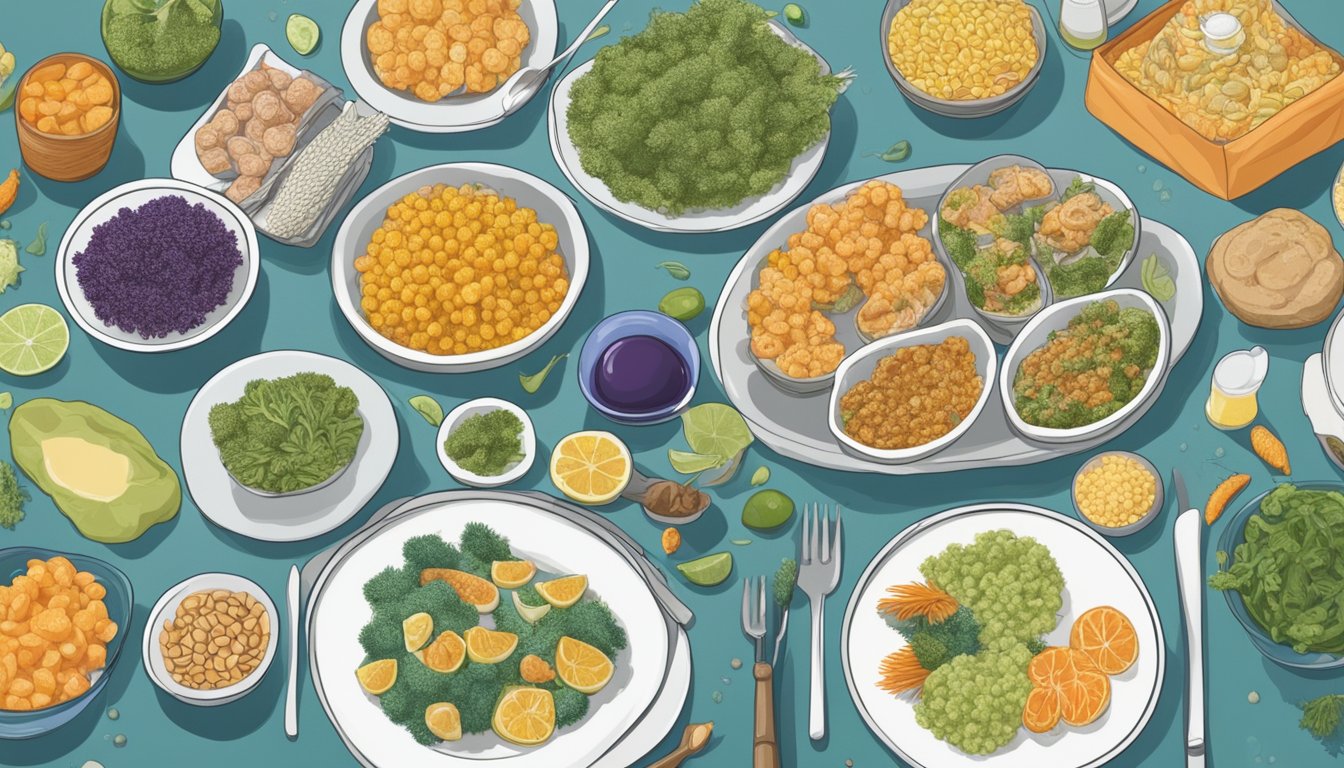 A diabetic person sitting at a dining table with a plate of sea squirts, surrounded by various foods and a dietary guide