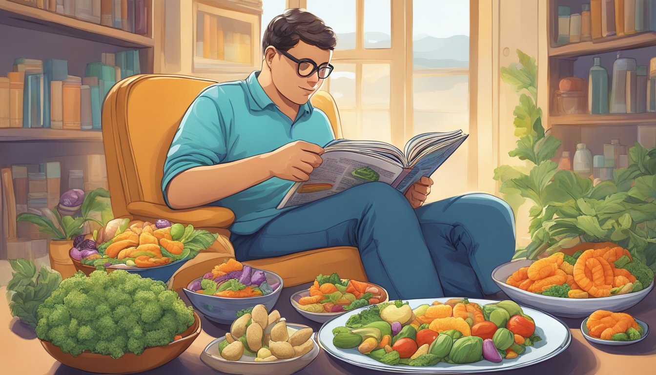 A diabetic person enjoying a variety of colorful and nutrient-rich foods, including sea squirts, while reading a book about diabetes and nutrition