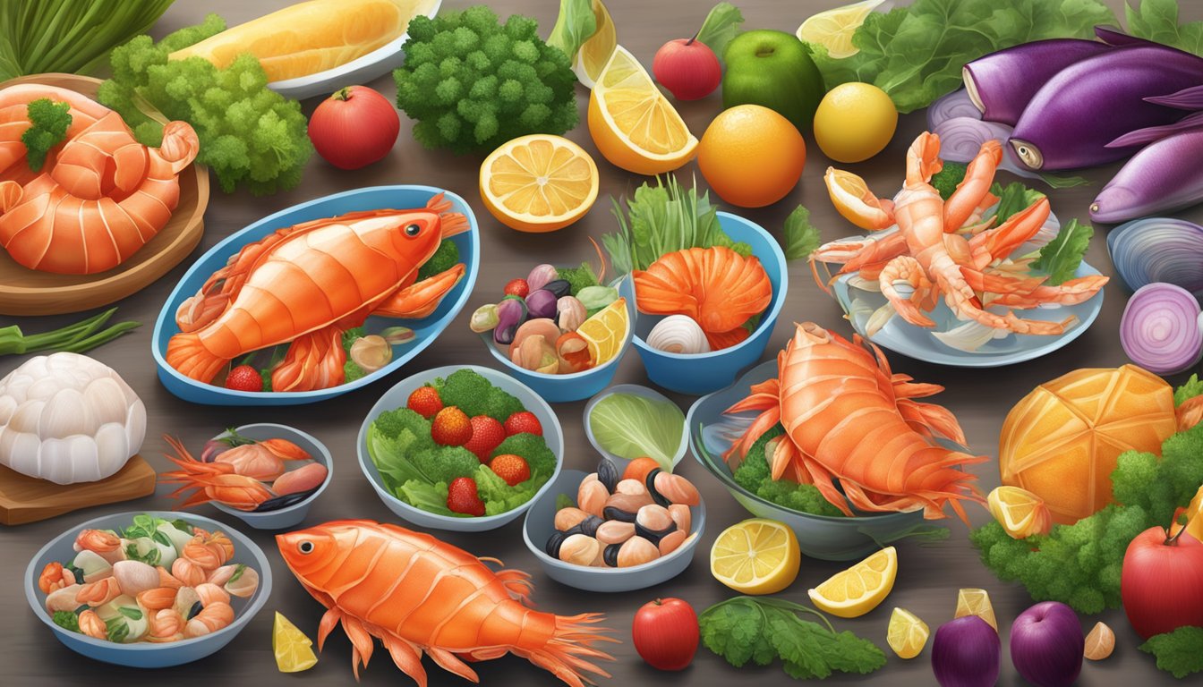 A colorful spread of seafood including sea squirts, fish, and shellfish, surrounded by vibrant fruits and vegetables on a dining table