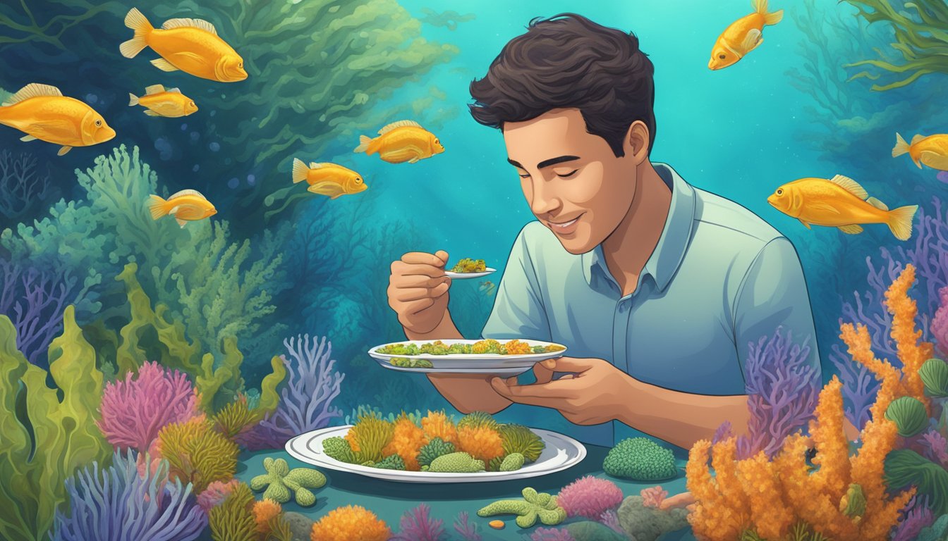 A diabetic person enjoying a plate of sea squirts, surrounded by vibrant underwater flora and fauna