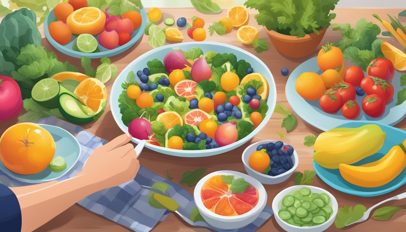 A person with diabetes happily adding sea squirts to a colorful and nutritious diabetes-friendly meal, surrounded by fresh fruits and vegetables