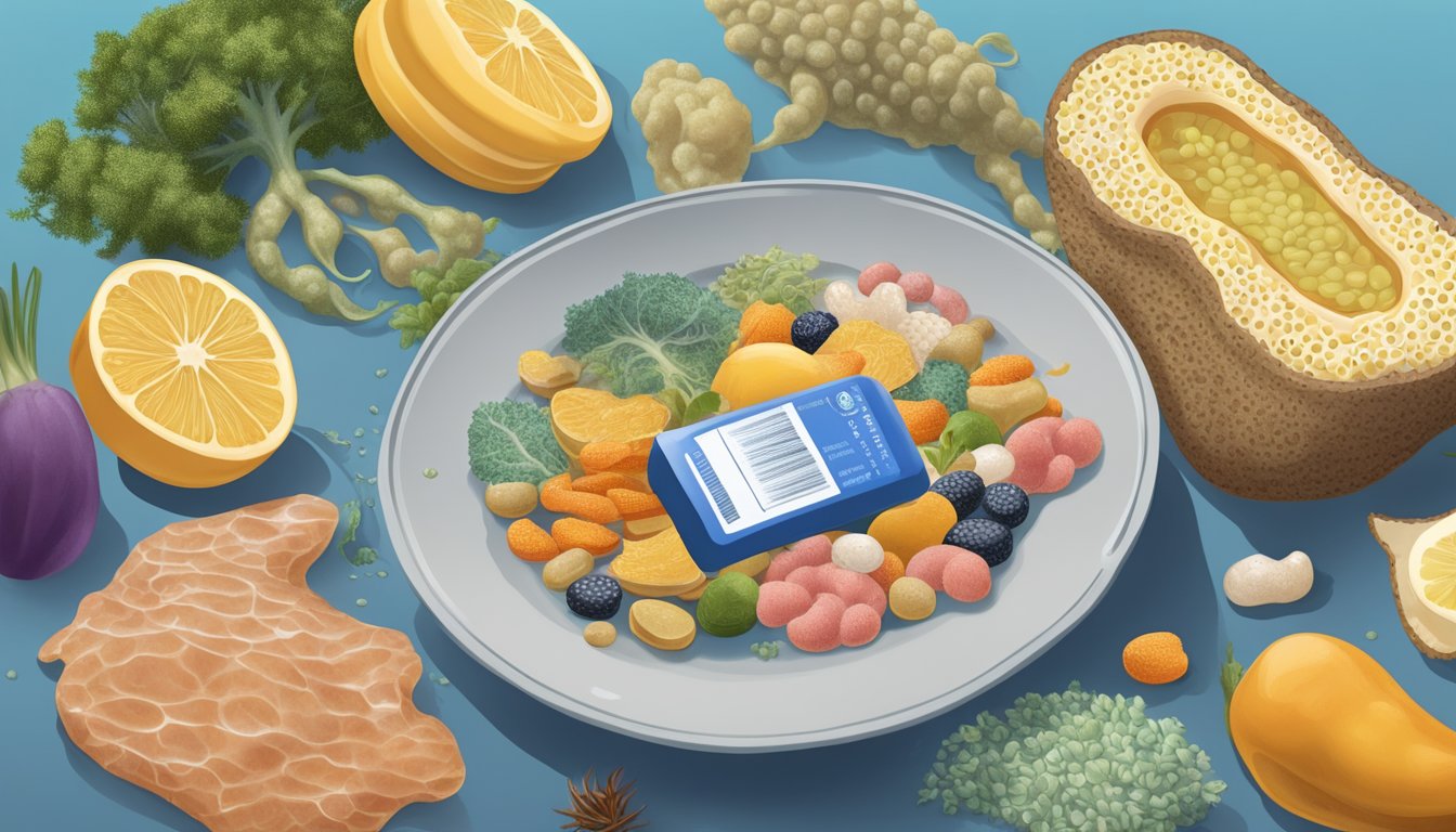 A diabetic delicately holds a sea squirt, surrounded by various foods and a nutrition label