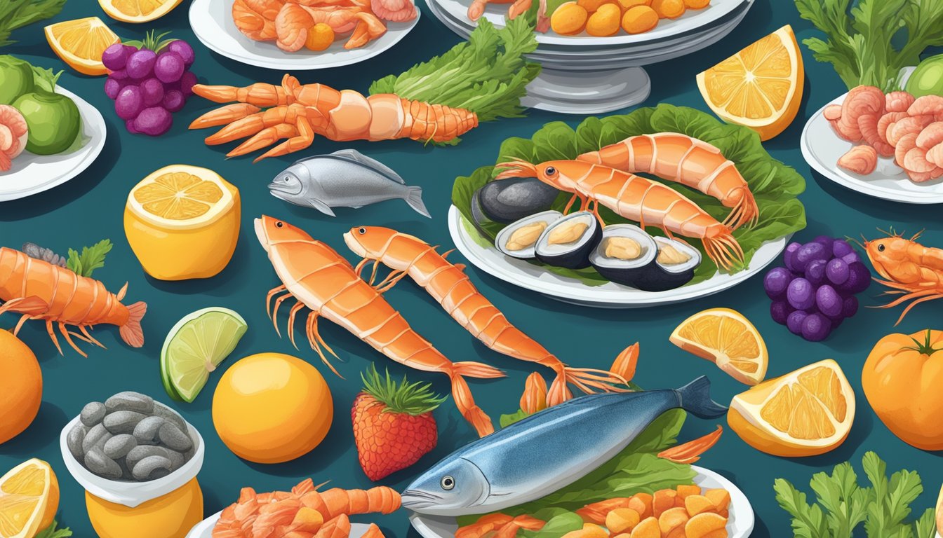 A colorful array of seafood, including sea squirts, arranged on a plate with vibrant fruits and vegetables. A diabetes-friendly meal rich in healthful nutrients