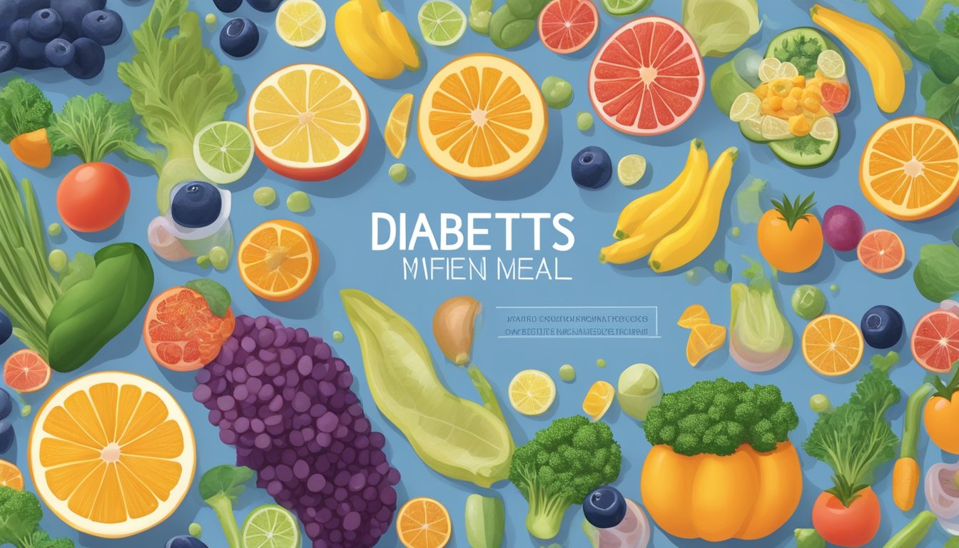 A diabetic-friendly meal featuring sea squirts, surrounded by colorful fruits and vegetables, with a backdrop of nutritional research articles and health insights