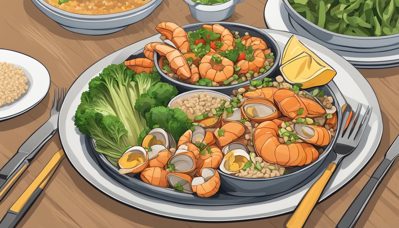 A colorful plate of cooked shellfish surrounded by fresh vegetables and whole grains, with a diabetic-friendly meal plan chart in the background