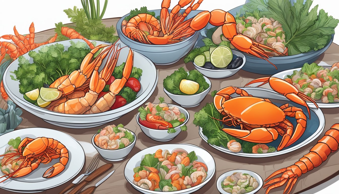 A diabetic person enjoying a variety of shellfish, including shrimp, crab, and lobster, with a colorful array of fresh vegetables and herbs on a plate