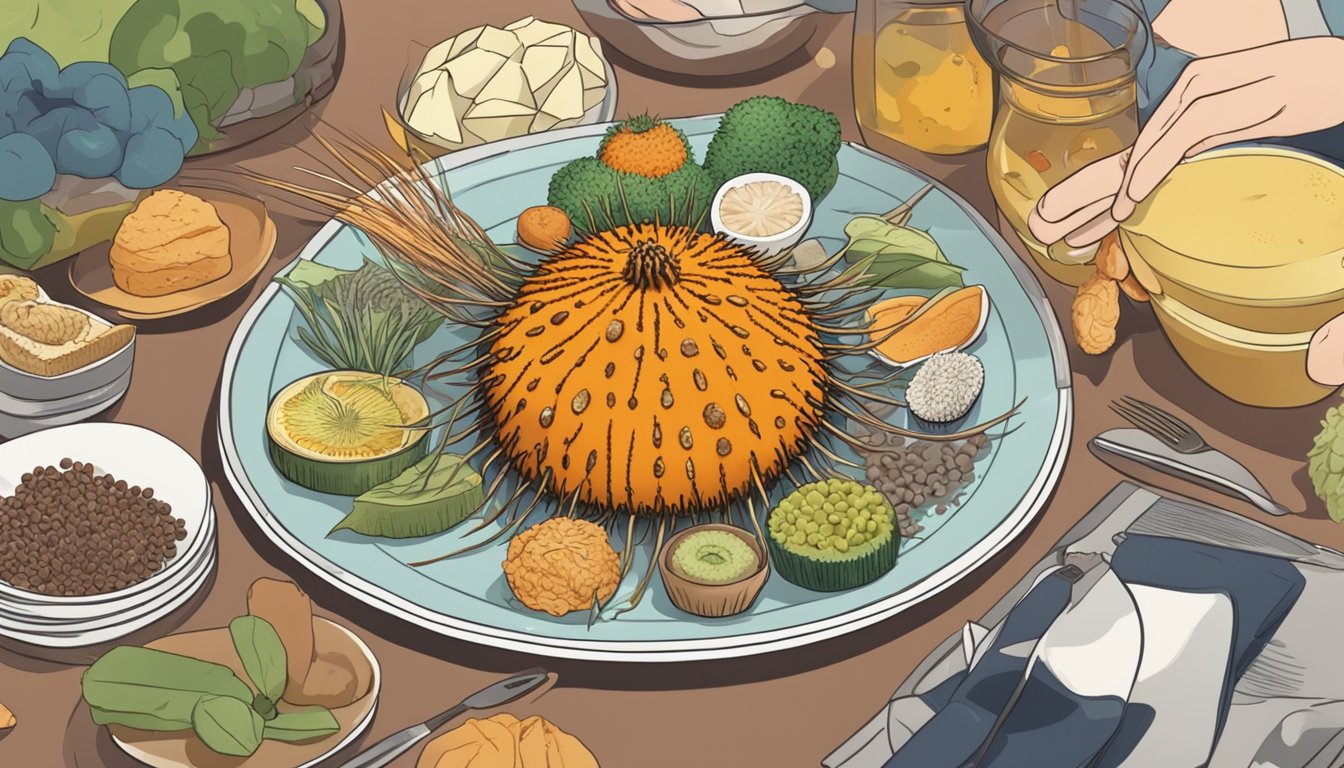 A sea urchin on a plate surrounded by various foods, with a diabetic person looking uncertain