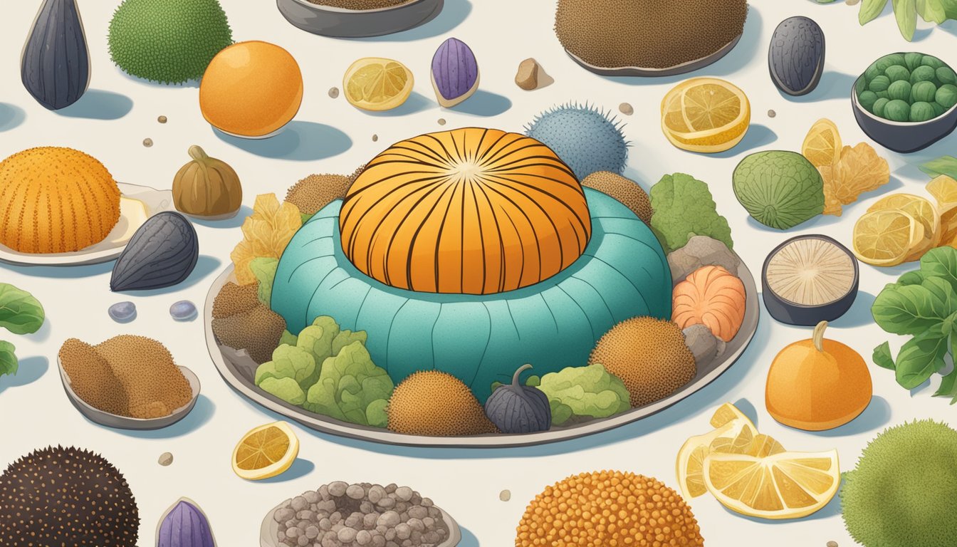 A sea urchin surrounded by various nutrient-rich foods, with a diabetic person looking at it with curiosity and concern