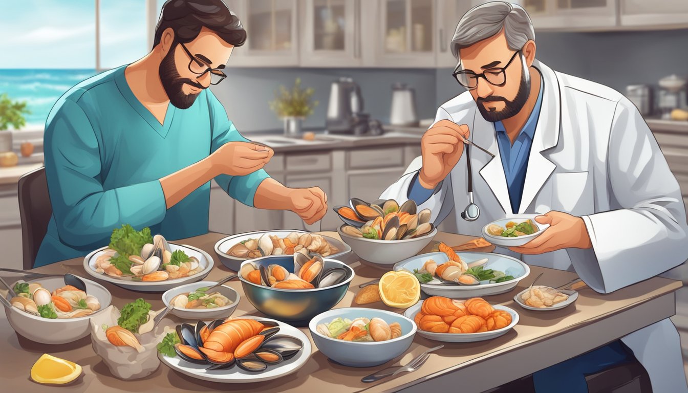 A diabetic person enjoying a variety of shellfish on a plate, while a doctor advises on safe consumption