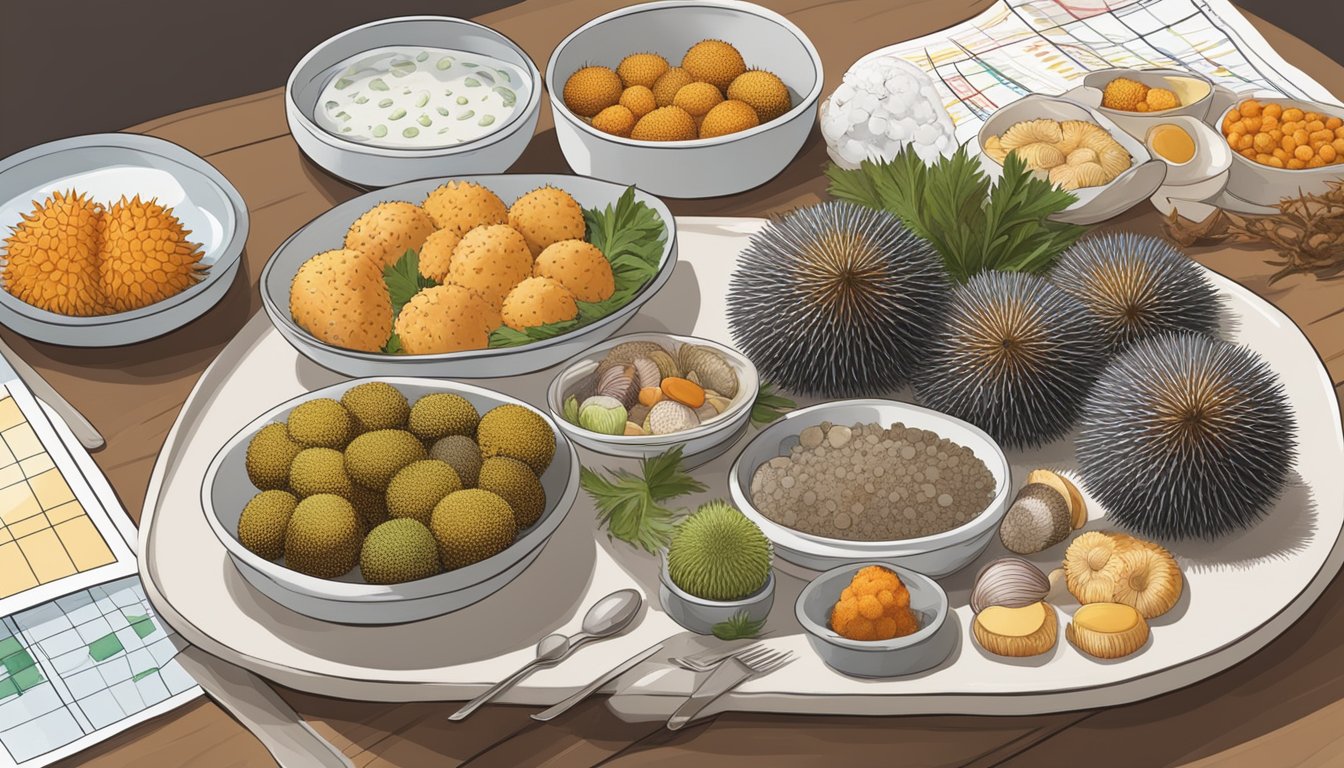 A diabetic person sitting at a table with a plate of sea urchins, surrounded by various food items and a nutritional chart