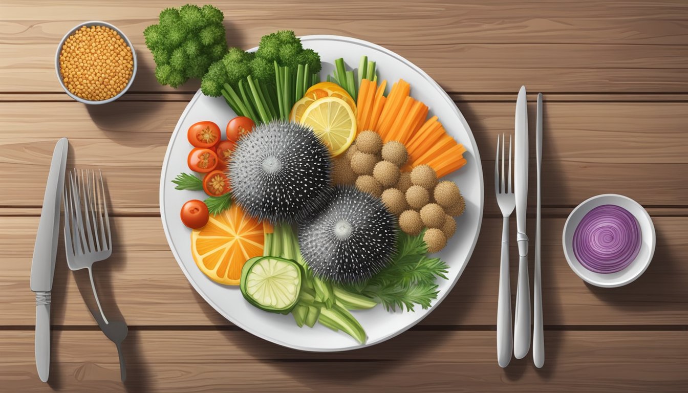 A colorful plate with sea urchins, surrounded by fresh vegetables and whole grains, sits on a wooden table