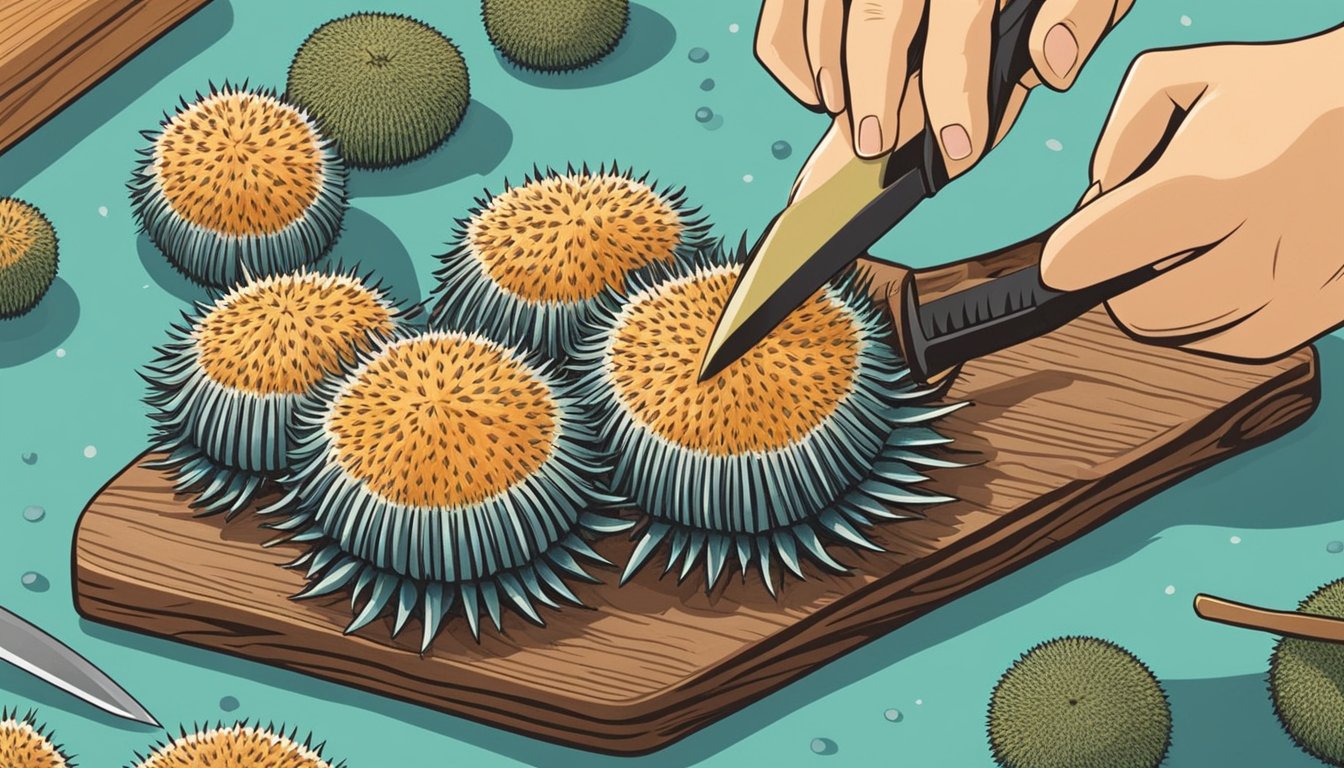 A person using a knife to carefully open and clean sea urchins on a wooden cutting board