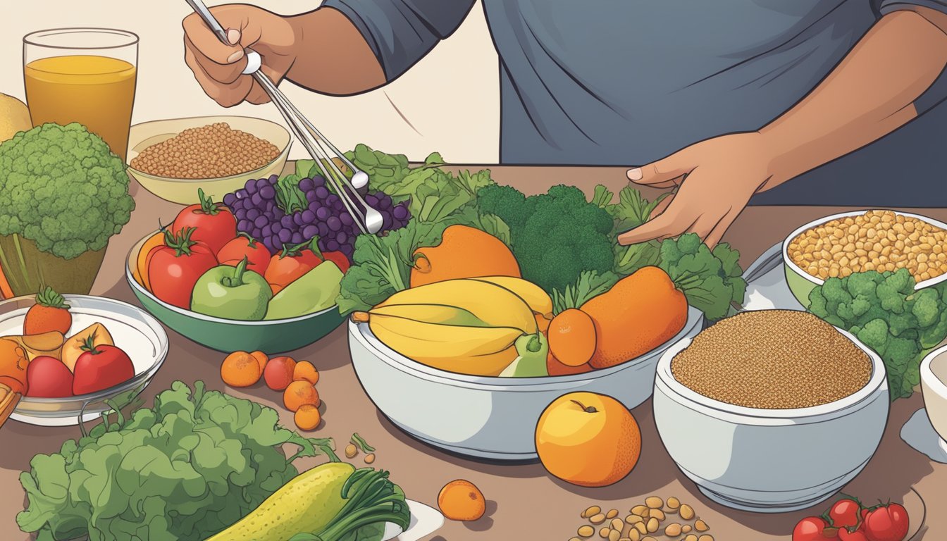 A person with diabetes looking at a bowl of smetana next to a variety of foods, including fruits, vegetables, and whole grains