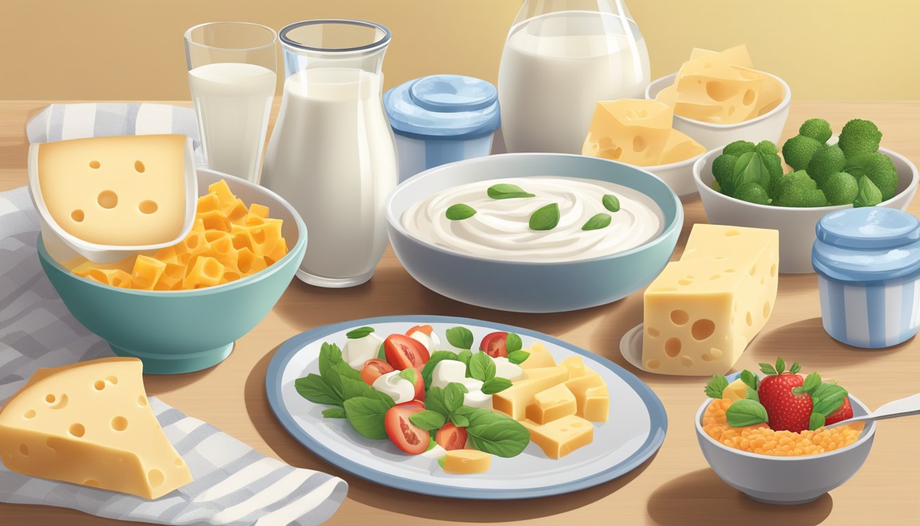 A diabetic-friendly meal with a bowl of smetana next to a variety of dairy products like milk, cheese, and yogurt on a table