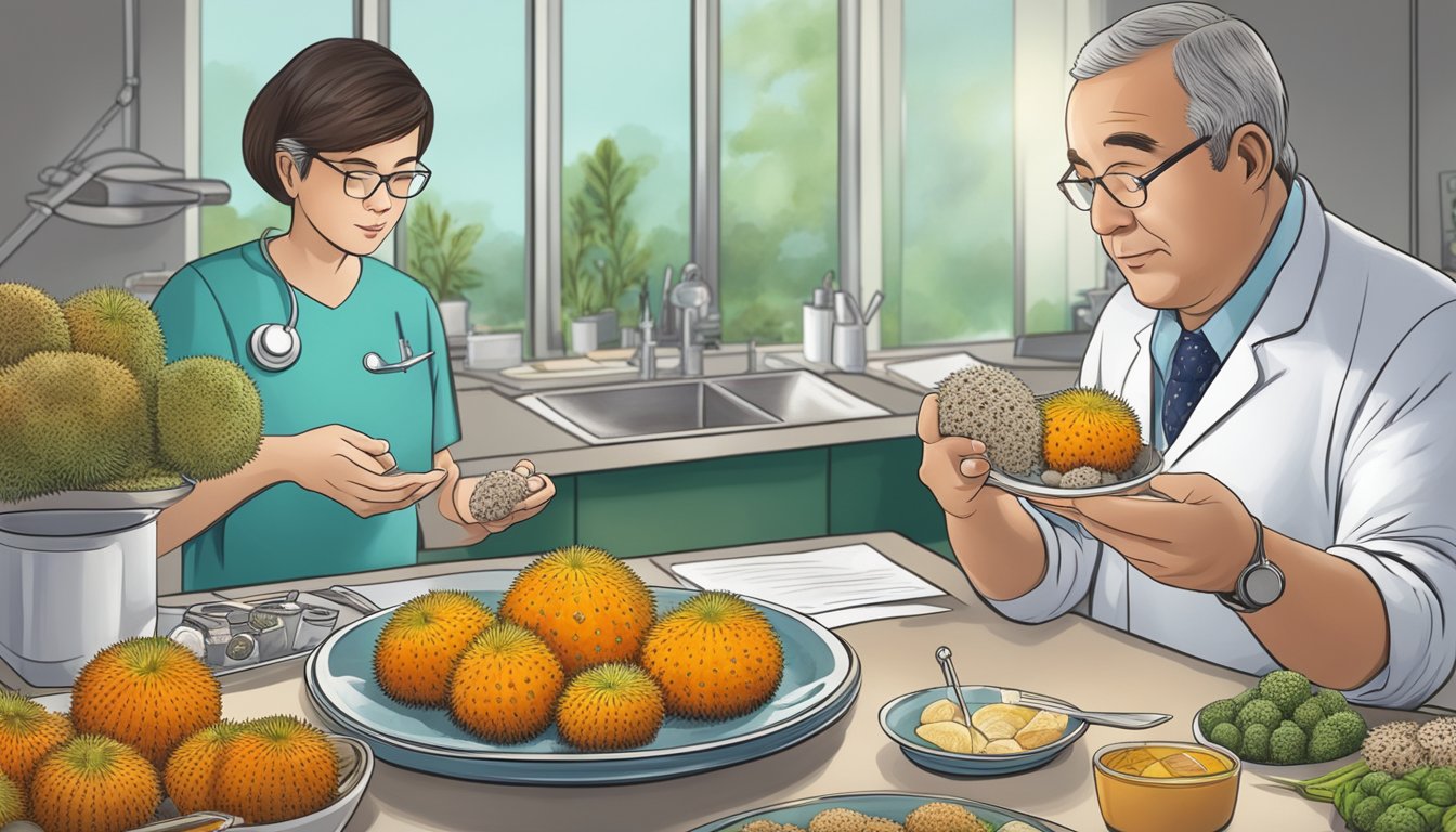 A diabetic person comparing sea urchin to other foods, with a doctor nearby for guidance