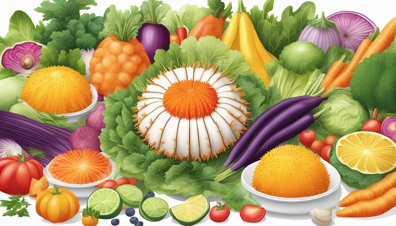 A sea urchin surrounded by a variety of fresh, colorful vegetables and fruits, all arranged on a clean, white plate