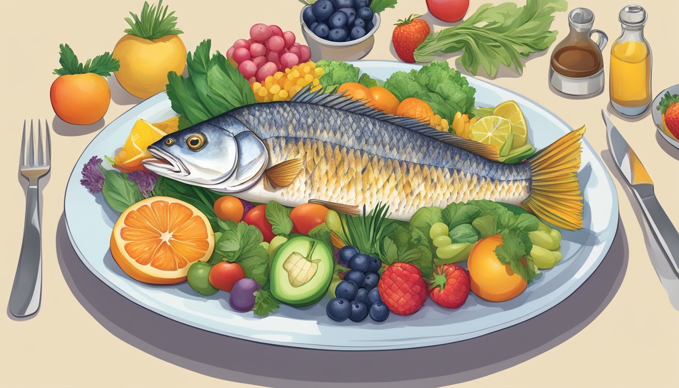 A dietician holding a plate of sheepshead fish with a variety of colorful fruits and vegetables arranged around it, symbolizing a balanced diabetic-friendly meal