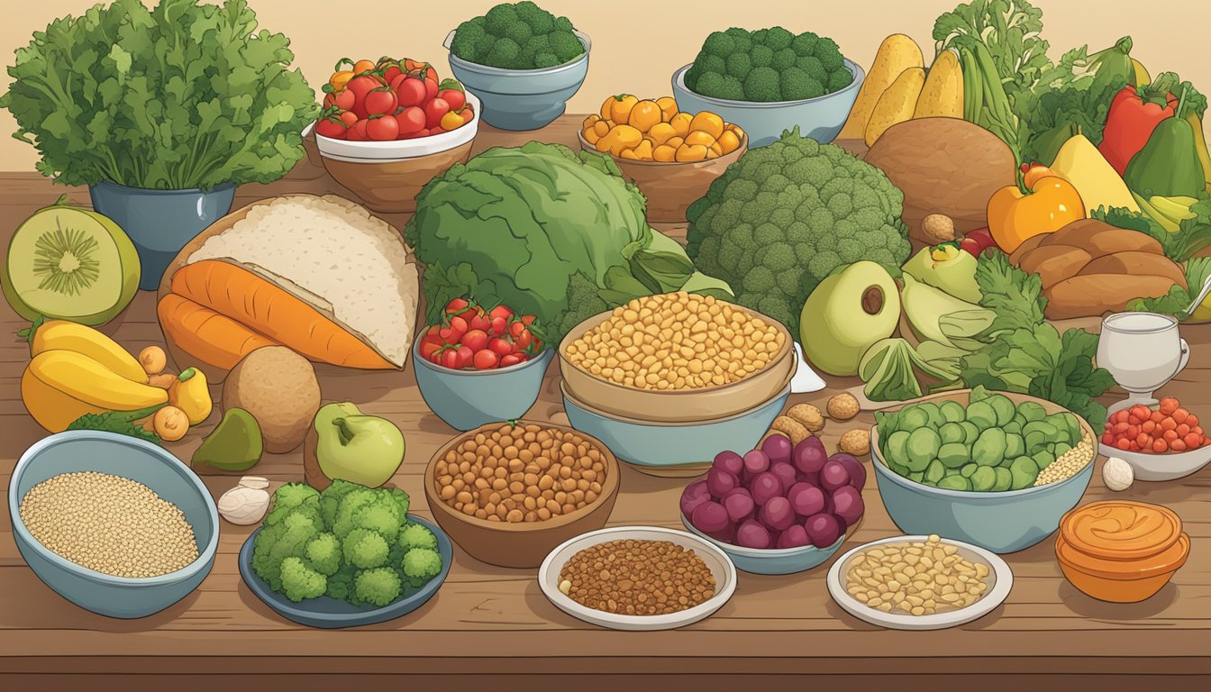 A table with a variety of food items, including fruits, vegetables, whole grains, and lean proteins. A bowl of smetana is placed next to a question mark