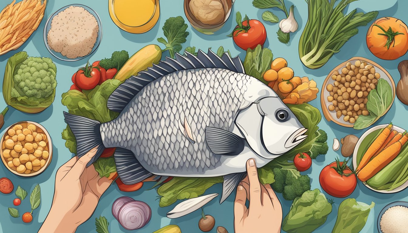 A person holding a sheepshead fish while surrounded by various diabetic-friendly foods like vegetables, grains, and fruits