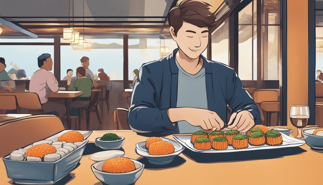 A person with diabetes enjoying a plate of sea urchin sushi at a restaurant, with a satisfied smile on their face