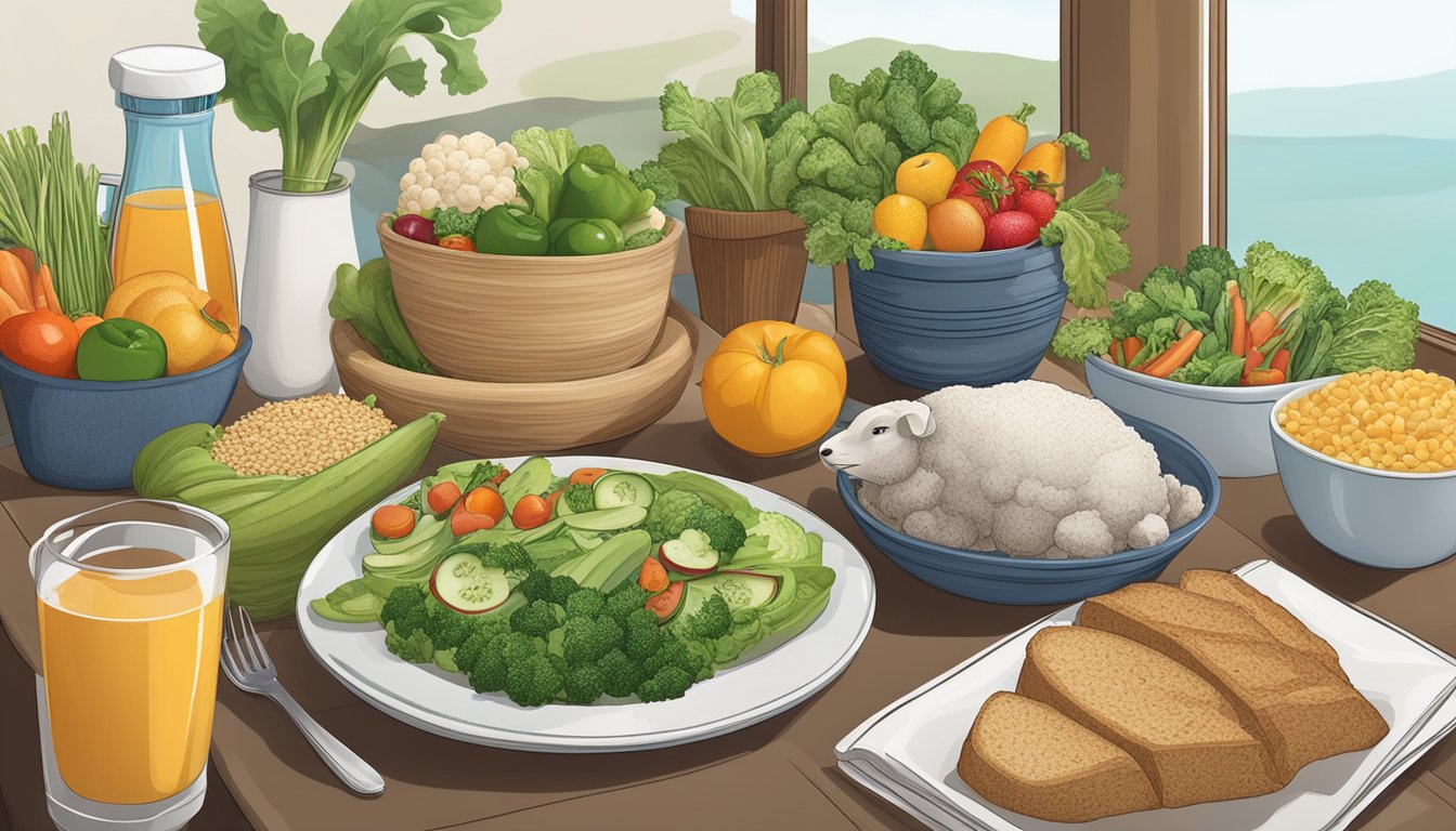 A table with sheepshead, vegetables, fruits, and whole grains. Avoid sugary drinks, processed foods, and high-carb snacks