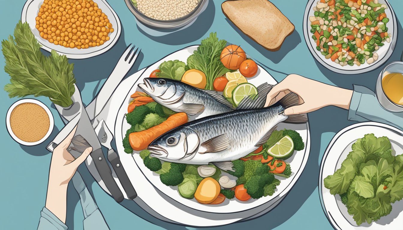 A dietician arranging a balanced meal with sheepshead fish, vegetables, and whole grains on a plate