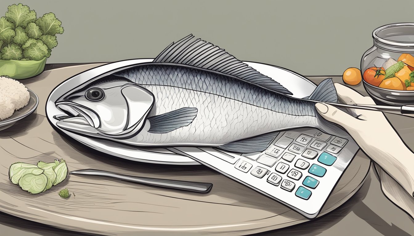 A dietician measuring out portions of sheepshead fish and vegetables on a plate, with a calculator and notebook nearby for tracking