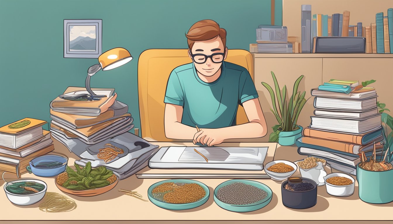 A diabetic person researching online, surrounded by open books and a computer, with a plate of sea worms and various food items on the table