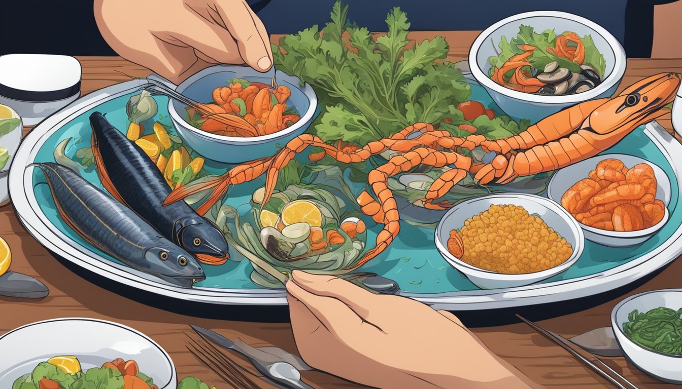 A diabetic person enjoying a variety of seafood, including sea worms, on a colorful plate with a side of fresh vegetables