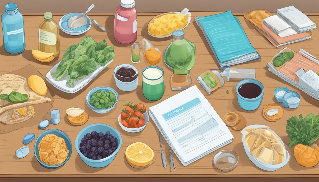 A table with various food items, including sorbitol-containing products, surrounded by medical equipment and informational pamphlets