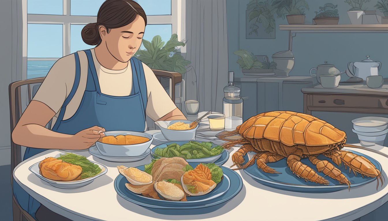 A person with diabetes sits at a dining table, surrounded by various foods. A slipper lobster is placed on a plate, while the person looks at it contemplatively