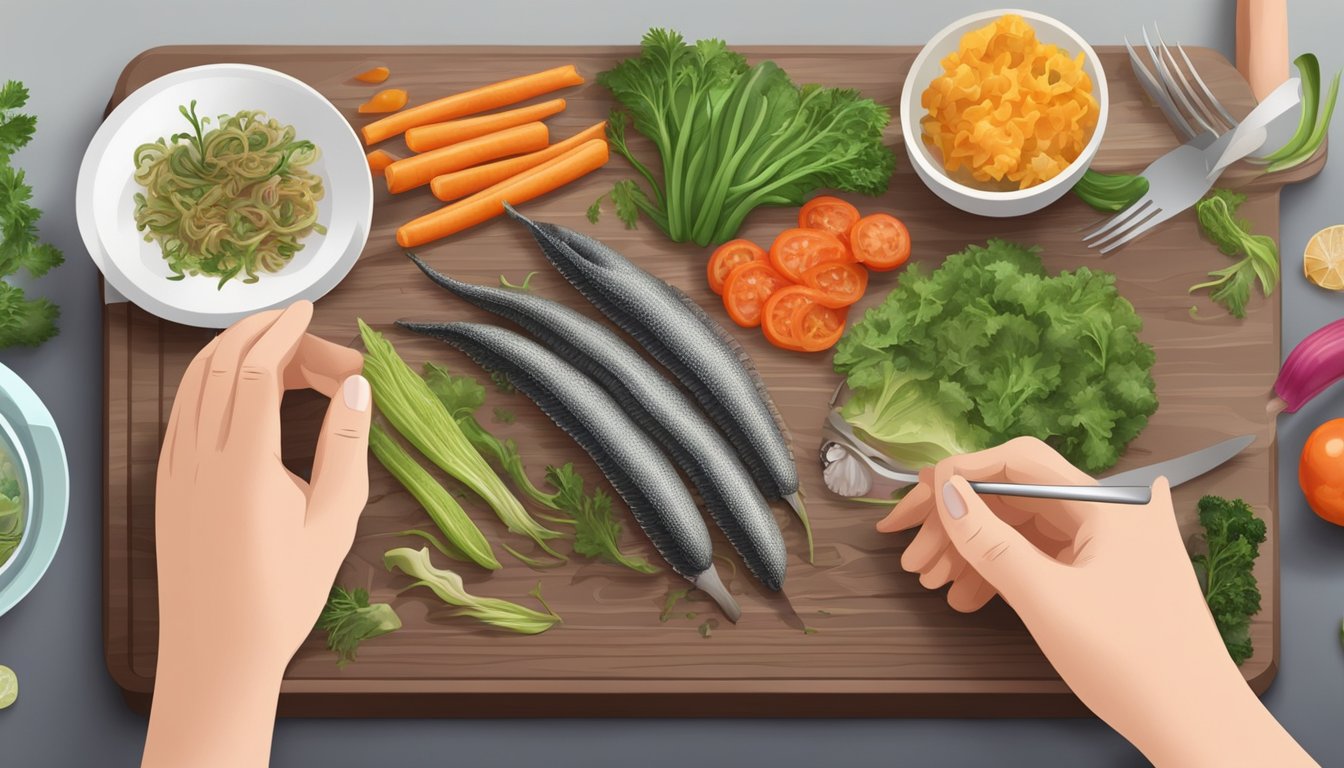 A diabetic person cooks and eats sea worms with vegetables on a clean cutting board