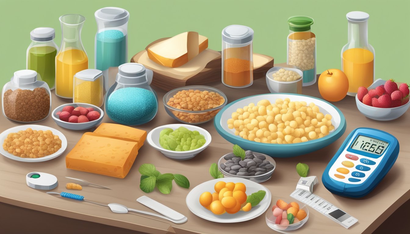 A table with a variety of sorbitol-containing foods, a glucometer, and a diabetic testing their blood sugar level