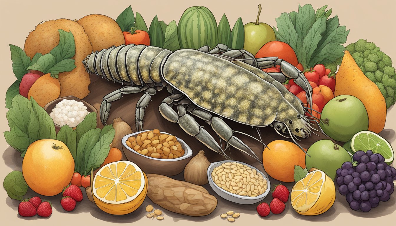 A slipper lobster surrounded by various foods, including fruits, vegetables, and grains, with a "diabetic-friendly" label next to it