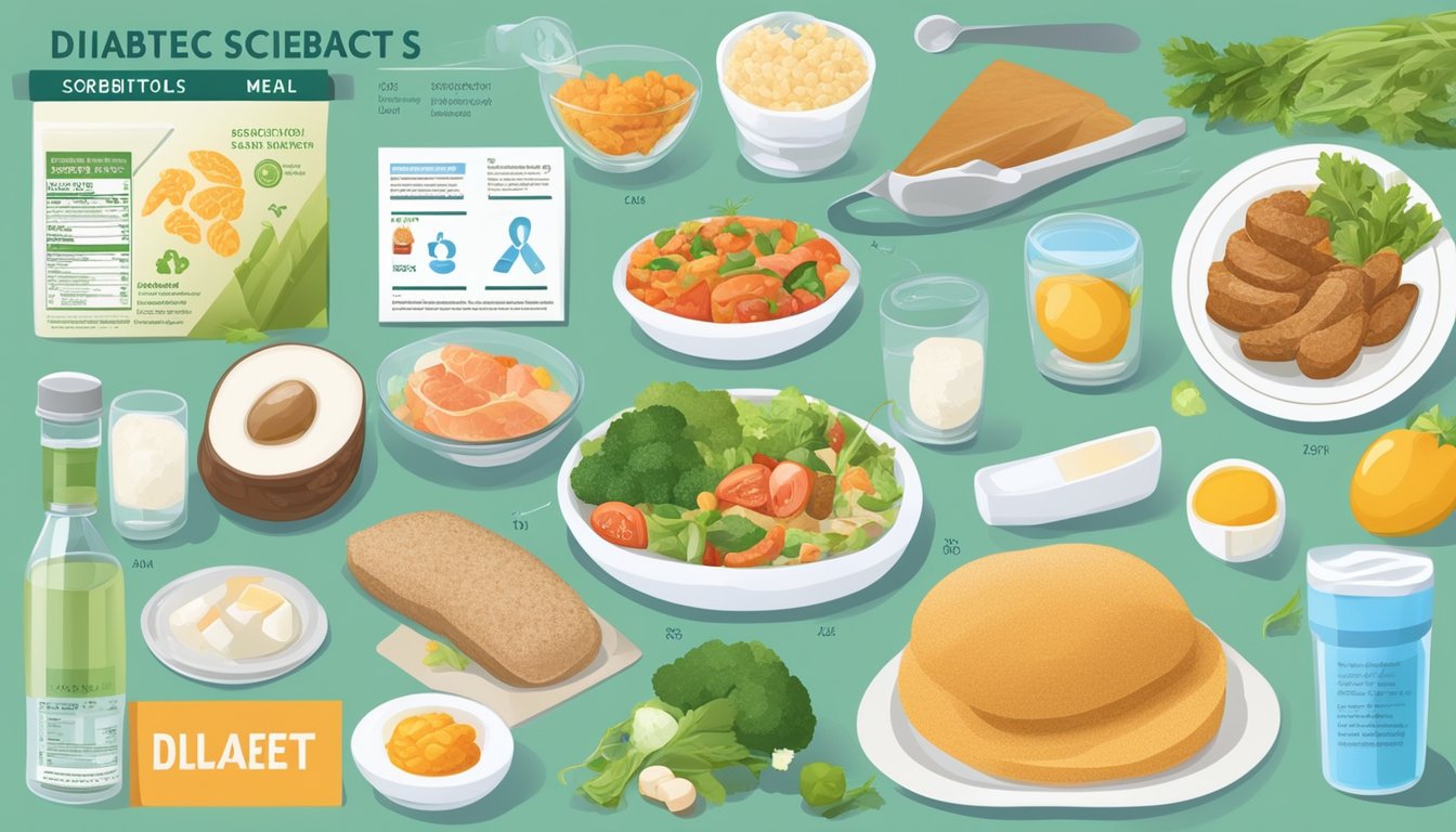 A diabetic-friendly meal with sorbitol-containing foods, surrounded by regulatory and safety information symbols and labels