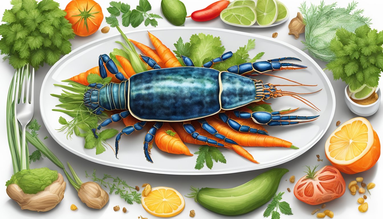 A slipper lobster surrounded by colorful vegetables and herbs on a clean, white plate