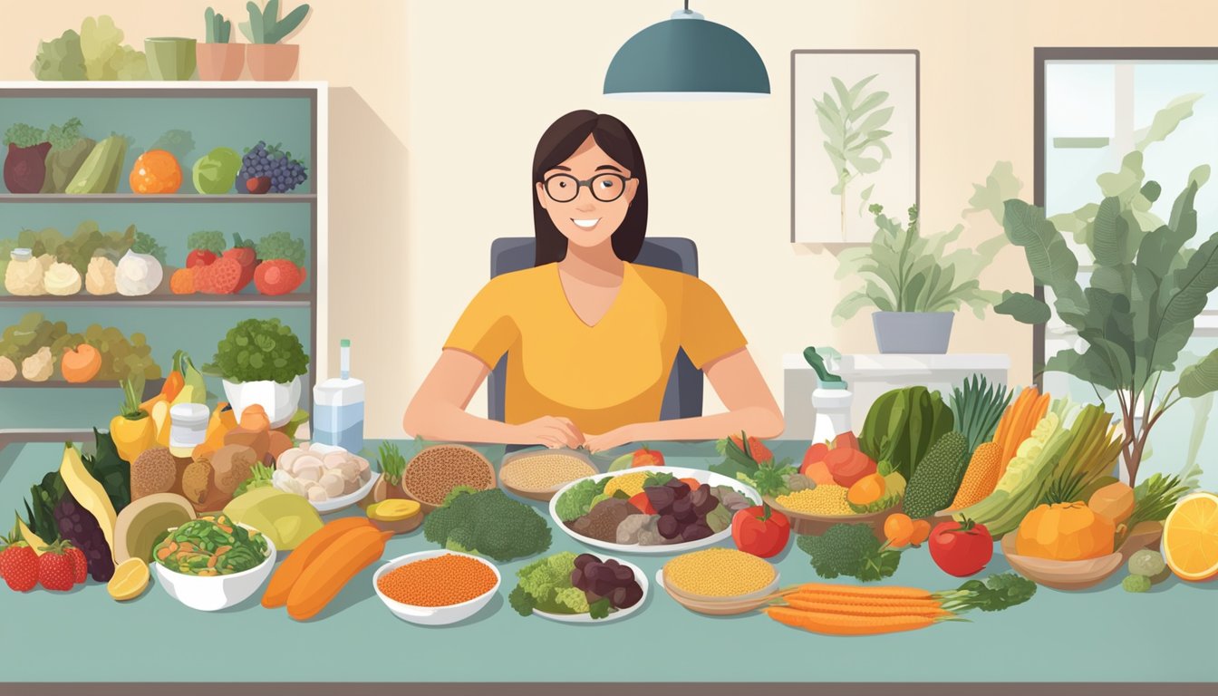 A diabetic person sitting at a table, surrounded by various healthy food options including sea worms, fruits, vegetables, and whole grains