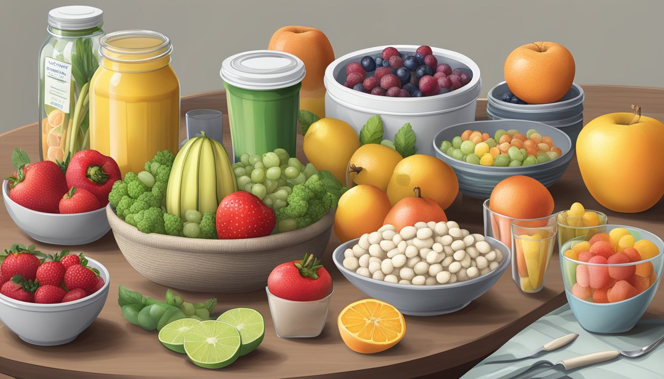 A diabetic-friendly table filled with fruits, vegetables, and sugar-free treats, with a clear "no sorbitol" label