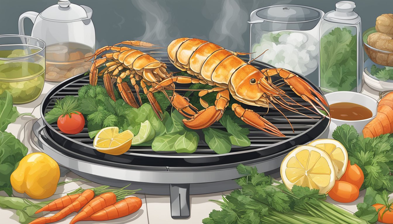 A diabetic-friendly kitchen with slipper lobster being grilled and steamed, surrounded by fresh vegetables and herbs