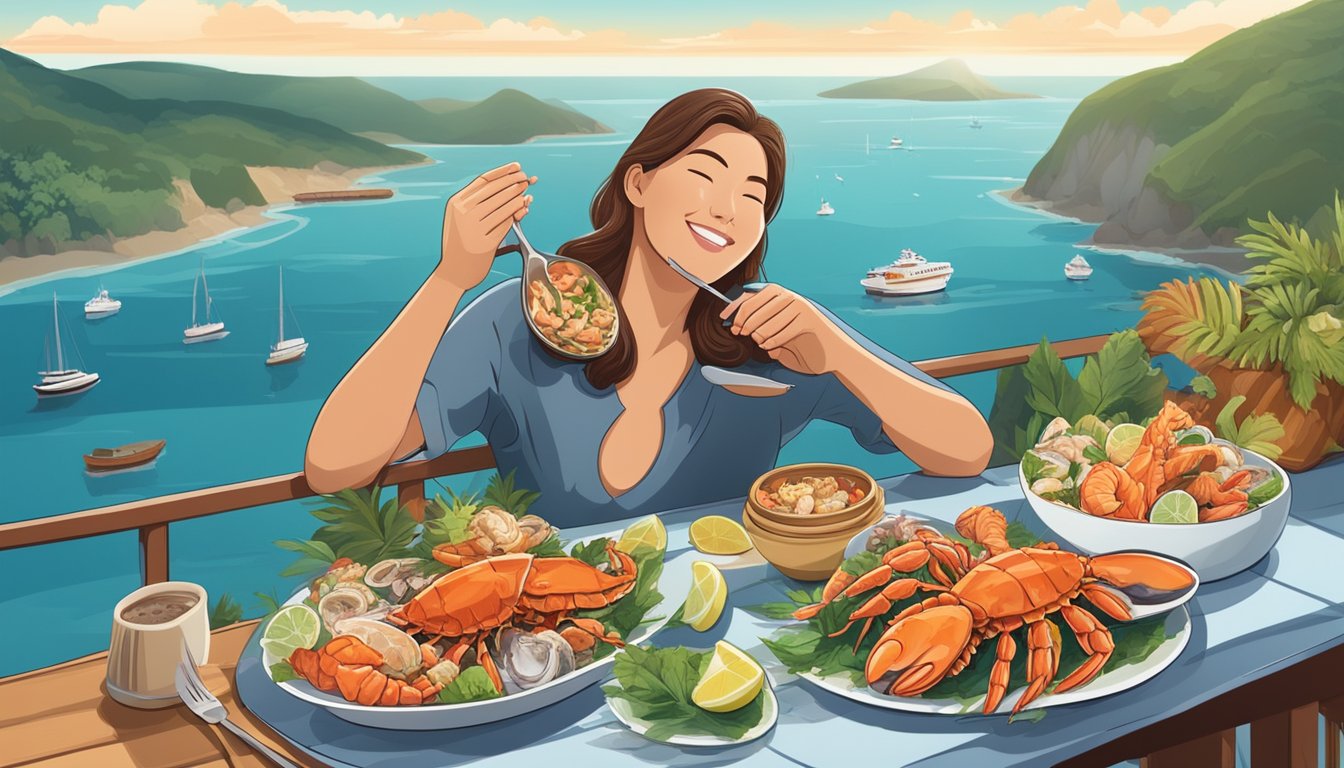 A diabetic person happily eating slipper lobster with a variety of seafood on a plate, surrounded by fresh ingredients and a scenic seaside backdrop