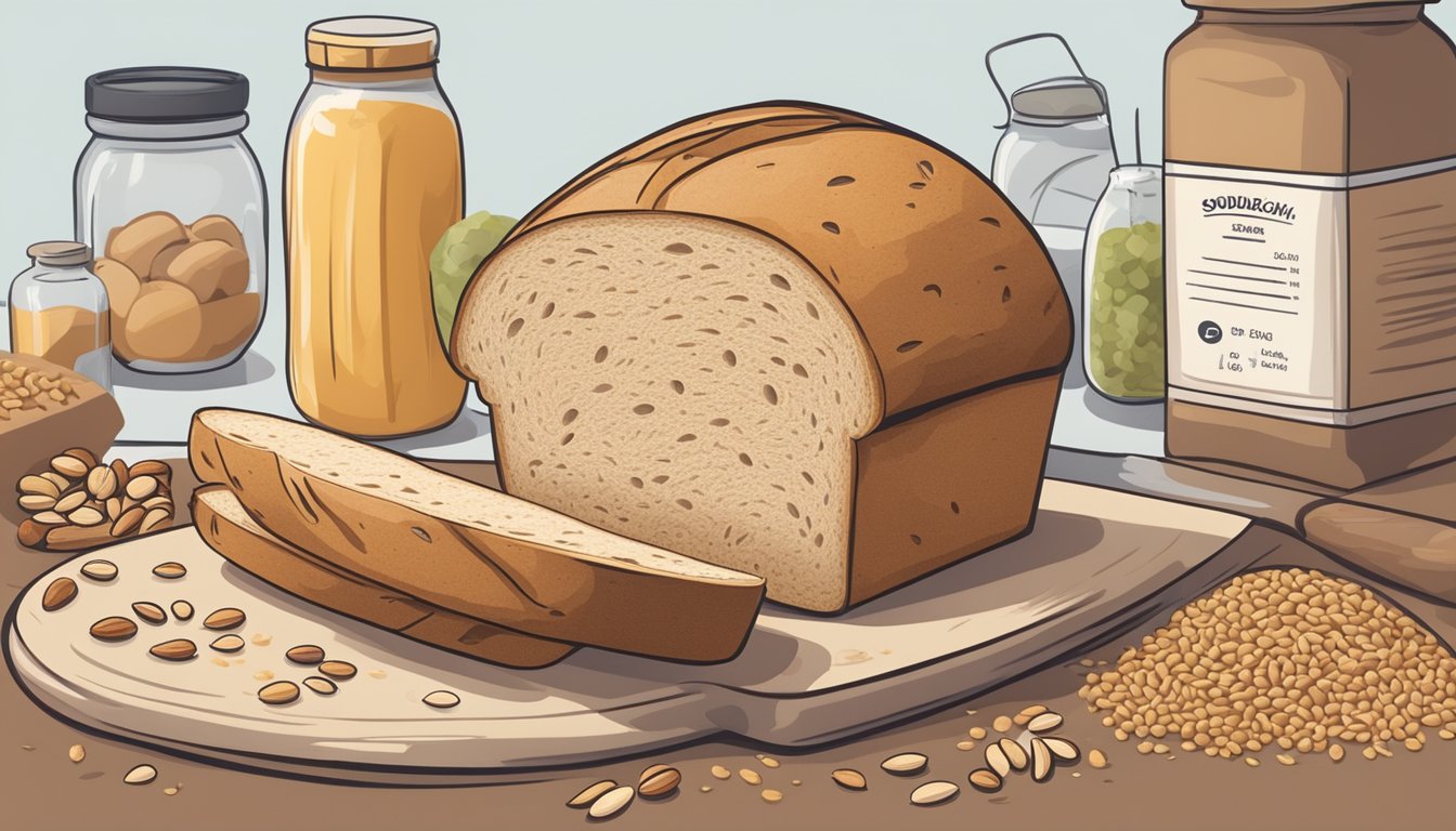 A loaf of sourdough bread surrounded by ingredients like whole grains, seeds, and nuts, with a nutritional label showing fiber and lower glycemic index