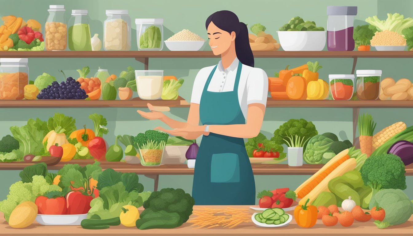 A dietician carefully selecting a variety of healthy foods, including vegetables, lean proteins, and whole grains, while avoiding sugary and processed items